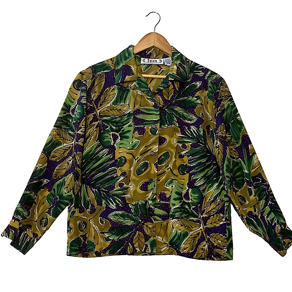 VINTAGE sz Medium (6) 100% Silk Blouse Tropical Leaves Button Front Green Purple